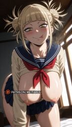 :p ai_generated all_fours bedroom blonde_hair blue_sailor_collar blue_skirt blunt_bangs blush boku_no_hero_academia breasts breasts_out cardigan closed_mouth clothes_lift double_bun female hair_bun hanging_breasts himiko_toga huge_breasts indoors large_breasts long_sleeves looking_at_viewer meitabuu messy_hair my_hero_academia narrowed_eyes naughty_face neckerchief nipples pleated_skirt red_neckerchief sailor_collar school_uniform serafuku shirt_lift sidelocks skirt slit_pupils smile solo sweat thighs toga_himiko tongue tongue_out window yellow_cardigan yellow_eyes