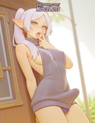 1futa 2025 ai_generated artist_name bare_shoulders blurry blurry_background blurry_foreground blush breasts bulge bust chest dark_elf depth_of_field dress earrings elf frieren futanari green_eyes hi_res high_quality high_resolution highres indoors jewelry looking_at_viewer male male_focus meme_attire novalust open_mouth otoko_no_ko panties patreon patreon_username pointy_ears ribbed_sweater solo sousou_no_frieren stable_diffusion sweater tongue tongue_out turtleneck virgin_killer_sweater watermark