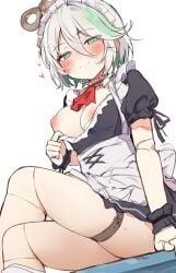 apron blush breasts cecilia_immergreen female green_eyes heart hololive hololive_english hololive_english_-justice- looking_at_viewer maid maid_headdress medium_breasts nipples puffy_sleeves short_hair short_sleeves sitting smile solo tagme wrist_cuffs