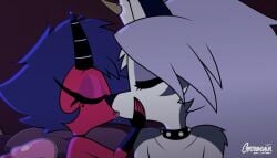 2girls anthro artist_name cartoonsaur closed_eyes dark_room ears female forced_kiss french_kiss furry grey_body grey_fur grey_hair hellhound helluva_boss holding_chin hot_kiss imp interspecies lesbian lesbian_kiss lesbian_sex long_hair loona_(helluva_boss) millie_(helluva_boss) spiked_collar tongue_kiss tongue_out tongues_touching two_tone_body two_tone_fur white_body white_fur wolf wolf_girl