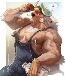1boy adjusting_clothes adjusting_headwear anthro areola_slip bara blue_overalls blush bottle bovid bovine brown_gloves bulge cattle chest_hair cum cumdrip dallawan dark_areolae dark_nipples dark_skin earrings ejaculation ejaculation_under_clothes furry furry_male gay gay_male gloves heart heart-shaped_pupils highres horns jewelry lactation large_areolae large_pectorals looking_at_viewer lying male male_focus male_lactation milk_bottle mouth_hold muscular muscular_male nipple_piercing nipples on_side overalls pectorals piercing saliva scar scar_on_arm scar_on_face simple_background smile stalk_in_mouth sweat sweatdrop symbol-shaped_pupils tail twitching_nipples visor_cap vv92890531 white_hair xxl_woofia yaoi
