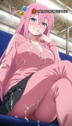 ai_generated black_skirt blue_eyes blush bocchi_the_rock! breasts cleavage crossed_legs cube_hair_ornament cum cum_on_body cum_on_clothes cum_on_legs female finger_to_mouth gotoh_hitori gotou_hitori grin hair_between_eyes hair_ornament jacket large_breasts long_hair long_sleeves looking_at_viewer meitabuu one_side_up pants pants_under_skirt pink_hair pink_jacket pink_pants pleated_skirt sitting skirt smile solo suggestive_fluid track_jacket train_interior
