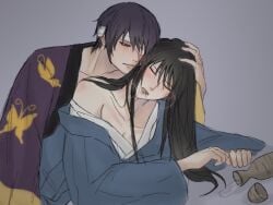2boys bandages bishonen black_hair blush breath closed_eyes drunk eye_patch from_behind gay gintama hair_over_one_eye hand_on_another's_head implied_sex japanese_clothes katsura_kotarou kimono lazycat4mit long_hair long_hair_male male male_only no_visible_genitalia off_shoulder sake smile takasugi_shinsuke yaoi