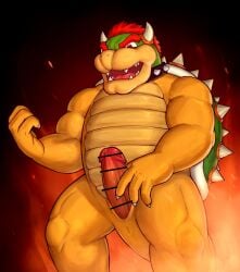 1boy 2022 5_fingers animal_genitalia anthro anus bowser censor_bar censored claws collar erection fingers fire front_view genital_slit genitals hair hi_res horn humanoid_genitalia humanoid_penis male male_only mario_(series) nintendo norubahu nude open_mouth penis red_eyes red_hair slit solo spiked_collar spikes video_games