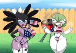 american_flag_bikini big_breasts bikini busty busty_female cartoony gardevoir gothitelle grill jdkdoodles pokemon pokemon_(species) thick_hips thick_thighs