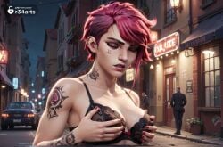 1boy 1boy1girl 1girls ai_generated arcane arcane_vi arm_tattoo asymmetrical_hair black_bra bra breasts car city cleavage closed_eyes collarbone facial_tattoo female grabbing_own_breast hi_res league_of_legends lips male medium_breasts motor_vehicle multiple_boys nail_polish netflix night nose_piercing outdoors piercing pink_hair r34arts riot_games short_hair sidecut solo_focus tattoo undercut underwear very_short_hair vi