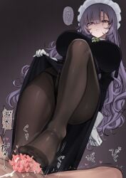 1boy :o black_dress black_panties blunt_bangs breasts brown_pantyhose censored clothed_female_nude_male clothes_lift commentary commentary_request cum dress dress_lift dutch_angle ejaculation empty_eyes feet female footjob gloves heart heart_censor huge_breasts lifting_own_clothes long_hair looking_at_another maid_headdress male nago_purin nude original panties panties_under_pantyhose pantyhose purple_hair shaded_face speech_bubble straight toes translation_request underwear very_long_hair white_gloves