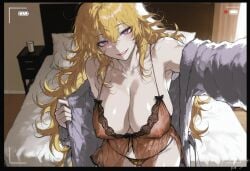 1girls ai_generated bathrobe bedroom blonde_hair huge_breasts kizirugai naughty_face panties recording rwby sagging_breasts seductive_smile see-through_clothing selfie tagme yang_xiao_long