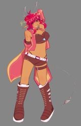 antennae belly boots bunny_ears elf_ears gray_background halo kinitoism makeup nipple_bulge nipples_visible_through_clothing non-nude original original_character pubic_hair red_eyes red_hair robot robot_girl shorts smiling stomach suggestive tagme tattoo tep_(kinitoism) whale_tail