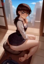 1girls 2d ai_generated ass barefeet big_ass big_breasts breasts chainsaw_man erophoenix feet female female_focus full_body looking_at_viewer looking_back mitaka_asa nude pale_skinned_female patreon_username school_uniform skirt smile soles solo solo_female sweat thick thick_thighs toes uncensored