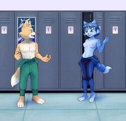 2023 4_toes 5_fingers anthro arm_markings barefoot black_nose blue_body blue_fur blue_hair bodysuit breasts canid canine casual_exposure clothed clothing digital_media_(artwork) duo feet female fingers fox fox_mccloud fur hi_res hindpaw humanoid_hands kokoro-tokoro krystal krystal_(star_fox) locker locker_room lying male mammal markings multicolored_body multicolored_fur navel nintendo nipples open_mouth open_smile orange_body orange_fur partial_nudity paws skinsuit smile social_nudity standing star_fox tight_clothing toes topless topless_anthro topless_female topless_male two_tone_body two_tone_fur white_body white_fur white_hair white_markings