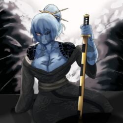 2025 big_breasts blank_eyes blue_hair blue_skin body_tattoo burn_scar cosplay dizzyvevo female highres holding_weapon huge_breasts kimono kurokumo_clan kurokumo_clan_(identity)_(project_moon) lilith_(dizzyvevo) limbus_company milf missing_eye oc scars scars_all_over short_hair solo_female tattoo tattoo_on_chest tattooed_arm tattoos