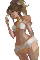 1girls 2025 2d 2d_(artwork) artist_request bikini bikini_only body_markings brown_eyes brown_hair dark-skinned_female dark_skin female female_only glasses_off human human_only illari_(overwatch) illari_quispe_ruiz latina looking_at_viewer midriff overwatch overwatch_2 peruvian_female ponytail poolside_illari questionable sfw simple_background sole_female solo solo_focus source_request summer_games_series sunglasses white_background
