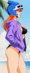minarai1998 dragon_quest daisy_(dragon_quest) bikini bikini_under_clothes black_bikini black_swimsuit clothing drawstring eyewear fake_horns goggles goggles_on_headwear headwear helmet hood hooded_jacket hoodie horned_headwear horned_helmet jacket long_sleeves open_clothes open_hoodie open_jacket purple_hoodie purple_jacket swimsuit swimsuit_under_clothes ass breasts brown_eyes brown_hair busty cleavage female horns large_breasts long_hair medium_breasts orange_eyes orange_hair thighs :d hands_in_pockets open_mouth open-mouth_smile partially_unzipped smile standing looking_ahead palm_tree tree cloud 1girl beach blue_sky day ocean outdoors sky solo portrait cowboy_shot in_profile high_resolution very_high_resolution ai_generated