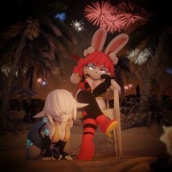 3d anthro areola_slip bangs_over_eyes beach bikini_top blender campfire collar female fireworks fourth_of_july glowing_eyes glowing_tattoo holidays in_heat_(game) jean_shorts jester_outfit leash leash_and_collar leash_pull looking_at_viewer misty_(in_heat) monsterbox nkaiz00 palm_tree poppi_(in_heat) rabbit red_eyes red_hair sand shark white_hair