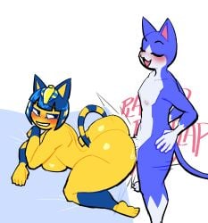 absurd_res animal_crossing ankha_(animal_crossing) anthro bite biting_lip blush domestic_cat duo felid feline felis female from_behind_position genitals hi_res lovetopullmicke male male/female mammal nintendo nude penis plap sex side_view simple_background tom_(animal_crossing) white_background