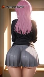 ai_generated ass ass_focus back black_sweater blurry_background facing_away female from_behind grey_skirt indoors jacket kawaii_dake_ja_nai_shikimori-san long_hair long_sleeves meitabuu miniskirt pink_hair pleated_skirt school_uniform shikimori_miyako skirt solo sunlight sweater thigh_gap thighs underbutt window