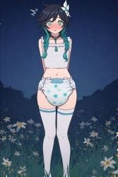 1boy ai_generated black_hair blush crop_top diaper diaper_fetish embarrassed exhibitionism femboy field genshin_impact gradient_hair green_eyes green_hair male night outdoors panicking solo surprised thigh_highs venti_(genshin_impact) wide_hips