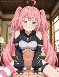 1girls ahoge ai_assisted ai_generated belly_button blue_eyes clothing front_view lightomen long_hair milim_nava penetration pink_hair pov sex smug smug_face tensei_shitara_slime_datta_ken that_time_i_got_reincarnated_as_a_slime thighhighs twintails vaginal_penetration