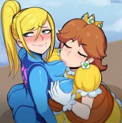 2girls afrobull alternate_breast_size areolae big_breasts blonde_hair blush bodysuit breast_sucking breast_sucking_through_clothes breasts embarrassed female female_only flustered large_areolae large_breasts large_nipples lesbian mario_(series) metroid multiple_girls nintendo nipple_bulge nipples princess_daisy puffy_nipples samus_aran skin_tight super_smash_bros. tight_clothing yuri zero_suit zero_suit_samus