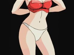 4:3_aspect_ratio 80s animated animated armpits arms_behind_head arms_up ass ass_focus bare_shoulders black_clothes black_skirt blonde_hair bra breasts brown_hair brown_legwear brown_thighhighs bubblegum_crisis chair choker cleavage closed_eyes clothes_pull clothing dressing female female gradient_hair jewelry legwear lingerie lips long_hair low_resolution lower_body medium_breasts midriff miniskirt multicolored_hair navel necklace oldschool pants pants_pull pantsu parted_lips posterior_cleavage priscilla_asagiri red_bra red_eyes red_underwear scarf screen_capture sitting skirt smile solo thighhighs thighs underwear underwear_only undressing upper_body white_panties white_underwear