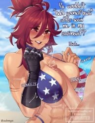 1girl1boy 4th_of_july american_flag_bikini audrey_(buskhusker) beach blush english_dialogue english_text female isabongos male original original_character paizuri red_hair