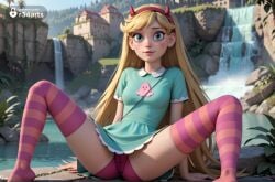 1girls ai_generated aqua_dress arm_support artist_name blonde_hair blue_dress blue_eyes breasts closed_mouth day disney disney_channel disney_xd dress facial_mark fake_horns green_dress hairband heart hi_res horned_headwear horns lips long_hair looking_at_viewer m_legs nail_polish no_shoes nose outdoors panties pink_nails pink_panties pink_thighhighs r34arts short_sleeves sitting small_breasts smile solo spread_legs star_butterfly star_vs_the_forces_of_evil striped_clothes striped_thighhighs thighhighs two-tone_legwear underwear very_long_hair water waterfall