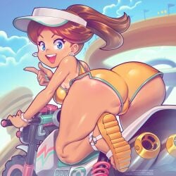 ass blue_eyes breasts brown_hair cameltoe earrings female ground_vehicle index_finger_raised jewelry looking_at_viewer looking_back patreon_username princess_daisy sandals smile solo supersatanson tagme tan tanline watermark