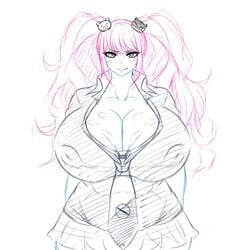 1girls big_breasts black_and_white blush busty cleavage curvy danganronpa erect_nipple erect_nipples erect_nipples_under_clothes eyelashes female female_only front_view hair_ornament hourglass_figure huge_breasts human junko_enoshima long_hair nipple_bulge rinsu simple_background sketch skirt smiling solo standing straight_hair tied twintails very_long_hair voluptuous wide_hips