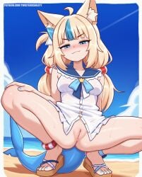 2025 5_toes animal_humanoid biped blurred_background blush clothing crouching digital_media_(artwork) eyebrows eyelashes feet female fingers footwear front_view hair hi_res humanoid indie_virtual_youtuber long_hair looking_at_viewer mammal medium_breasts outside pussy saba_(vtuber) sameko_saba sandals seaside shoes solo tail text toes twistedscarlett60 url virtual_youtuber vtuber vulva
