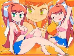 1girls accessory areola areolae arm_up artist_name big_breasts bottomwear breasts brown_hair busty cheerleader cheerleader_outfit cheerleader_uniform closed_eyes clothed clothing doki_doki_literature_club feet female green_eyes hair_accessory hair_bow hair_ornament hairbow heart large_breasts light-skinned_female light_skin long_hair looking_at_viewer monika_(doki_doki_literature_club) navel nipples open-mouth_smile open_mouth open_smile partially_clothed partially_clothed_female pom_poms ponytail sitting skirt smile smiling smiling_at_viewer solo solo_female solo_focus spoken_heart thick_thighs thighs tied_hair tony_welt topless topless_female
