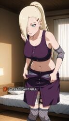 ai_generated asymmetrical_bangs bandaged_leg bandages bare_shoulders bed bedroom blonde_hair boruto:_naruto_next_generations breasts cleavage collarbone crop_top curtains dressing elbow_sleeve female fishnet_thighhighs fishnets green_eyes hair_ornament hair_over_one_eye hairclip high_ponytail indoors ino_yamanaka large_breasts long_hair looking_down meitabuu midriff naruto naruto_(series) naruto_shippuden navel parted_lips pillow ponytail purple_skirt shirt shorts skirt solo standing stomach thigh_strap thighhighs wooden_floor