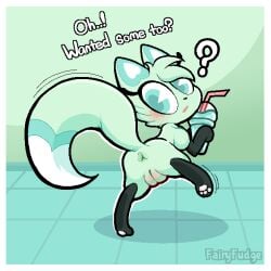 1:1 anus ass beverage blush border canid canine chikn_nuggit dialogue digital_media_(artwork) drinking_straw english_text fairyfudge female feral fox hi_res holding_beverage holding_object leg_markings looking_at_viewer looking_back mammal markings on_one_leg paws presenting presenting_hindquarters pussy quadruped question_mark raised_tail rear_view signature slushi_(chikn_nuggit) slushie socks_(marking) solo standing tail talking_to_viewer text vulva white_border