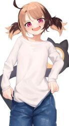 ahoge blue_pants blush brown_hair denim fangs female gigi_murin hololive hololive_english hololive_english_-justice- jeans long_sleeves looking_at_viewer oerba_yun_fang open_mouth pants sharp_teeth shirt smile solo striped striped_shirt tagme teeth twintails white_background