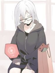 1girls asutora asutora-chan bag black-framed_eyewear closed_eyes clothed collarbone eyebrows_visible_through_hair female female_only glasses hood impregnated impregnation jacket long_hair ovum parted_lips sitting sleeping solo sperm_cell sperm_meets_ovum tagme white_background