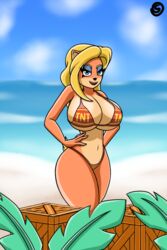 anthro beach bikini blonde_hair crash_(series) huge_breasts isabella_bandicoot orange_skin smile smiling smiling_at_viewer tight_clothing valerya5