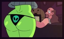 1boy 1girls alien alien_girl ass ass_focus balding beard bubble_butt cartoon_network clothing dat_ass duo faceless_female facial_hair female gadzooks gem_(species) green_skin greg_universe hair human human_male humanoid humanoid_female indoors long_hair looking_at_another male male/female mature mature_female mature_male no_pants panties part_1 peridot_(steven_universe) sitting standing steven_universe sweater thick_ass tv unseen_female_face