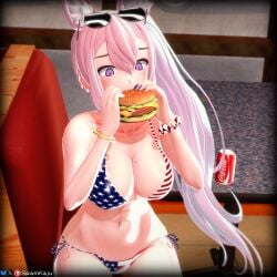 1girls american american_flag_bikini big_breasts bikini blue_hair breasts breasts burger cleavage clothed coca-cola eating fast_food female food fox_ears fox_girl hamburger indie_virtual_youtuber large_breasts long_hair meicha_(vtuber) mole mole_on_breast mole_under_eye pink_hair ponytail purple_eyes restaurant soda_can spamkaju stomach sunglasses thighs tummy two_tone_hair virtual_youtuber vtuber