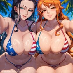 2girls 4th_of_july ai_generated american_flag_bikini armpits bangs beach bikini black_hair blue_eyes blush breasts brown_eyes busty cleavage commission day duo earrings flag_print huge_breasts independence_day jewelry large_breasts lips long_hair looking_at_viewer multiple_girls nami_(one_piece) navel nico_robin one_piece orange_eyes orange_hair palm_tree patreon patreon_url patreon_username sinderellaart sky smile swimsuit tease teasing_viewer thick tongue tree voluptuous