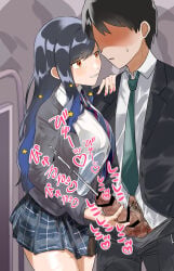 artist:sicoraw45 bra_visible_through_clothes 1girls 1boy female long_hair black_hair blue_hair handjob penis public train project_sekai clothed shiraishi_an dirty_talk translation_request cum ejaculation