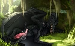 5_toes animal_genitalia animal_penis big_dom_small_sub black_body black_scales bodily_fluids claws cloaca cloacal cloacal_penetration cloacal_penis crocodilian_penis cum cum_in_cloaca cum_inside cum_on_penis cum_on_tail cum_on_wings dominant drad dragon duo erection feet feral feral_on_feral feral_penetrated feral_penetrating feral_penetrating_feral from_behind_position genital_fluids genitals hi_res lying male male/male male_penetrated male_penetrating membrane_(anatomy) membranous_wings mythological_creature mythological_scalie mythology nude on_back open_mouth penetration penile penile_penetration penis penis_in_cloaca red_eyes scales scalie sex sharp_teeth size_difference spoon_position svartya svartya_(character) swamp tail teeth toes wings