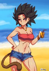armpit beach black_eyes black_hair breasts caulifla cleavage dragon_ball dragon_ball_super female female_only light-skinned_female light_skin long_hair saiyan shorts shounen_jump simmsy solo spiky_hair tubetop