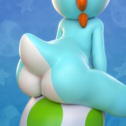 1boy 3d anthro ass balls big_butt blue_background cinnamoncookies egg male male_only mario_(series) nintendo rear_view sitting sitting_on_egg solo tail video_games yoshi