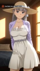 ai ai-created ai_assisted ai_generated arms_behind_back bed bedroom belt blue_eyes blunt_bangs braid breasts cleavage closed_mouth collarbone contrapposto cowboy_shot dress female frieren_beyond_journey's_end frills grey_beltlawine_(sousou_no_frieren) grey_hair hat hat_ribbon indoors jacket large_breasts long_hair long_sleeves looking_at_viewer meitabuu pillow purple_jacket ribbon smile solo sousou_no_frieren standing straw_hat sun_hat white_dress