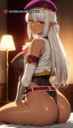 a_rank_party_o_ridatsu_shita_ore_wa_moto_oshiego-tachi_to_meikyuu_shinbu_o_mezasu ai_generated ass bare_shoulders bed belt beret black_leotard blurry_background blush breasts closed_mouth covered_nipples curtains dark-skinned_female dark_elf dark_skin detached_sleeves ear_piercing earrings elbow_gloves elf female from_behind gloves hat highleg highleg_leotard i_left_my_a-rank_party_to_help_my_former_students_reach_the_dungeon_depths indoors jewelry lamp large_breasts leotard lips long_hair looking_at_viewer looking_back meitabuu nipples on_bed orange_eyes piercing pointy_ears purple_headwear red_beltsilk_amberwood silk_amberwood sitting smile solo sweat thighs thong_leotard wet white_hair
