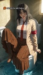 :p ai_generated armband attack_on_titan bags_under_eyes bathroom black_eyes black_hair boots bra_visible_through_clothes breasts brown_footwear brown_skirt collared_shirt female indoors jacket long_hair long_skirt looking_at_viewer meitabuu necktie open_clothes pieck_finger pleated_skirt red_armband red_necktie restroom school_uniform see-through shingeki_no_kyojin shirt sitting skirt solo sunlight tile_wall tiles toilet toilet_paper toilet_stall tongue tongue_out water wet wet_clothes white_shirt