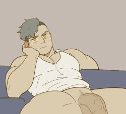 1boy all_saints_street bara bottomless commentary damao_(all_saints_street) deer3art eyebrow_cut head_rest highres male male_focus muscular muscular_male pectoral_cleavage pectorals penis penis_out_of_frame sitting solo symbol-only_commentary tank_top white_tank_top yaoi yellow_eyes