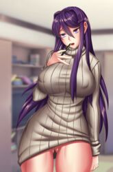 1girls ass big_breasts breasts clothed clothing doki_doki_literature_club dokiyuri dress erect_nipples erection_under_clothes eyebrows_visible_through_hair eyes fat_ass female female_only hair_ornament hand_on_breast human large_breasts legs_together long_hair open_mouth pen poking_out purple_eyes purple_hair sweater thick thick_thighs turtleneck wide_hips yuri_(doki_doki_literature_club)