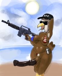 2025 accipitrid accipitriform american_flag_bikini animal_genitalia animal_penis anthro ar-15 areola areola_slip avian bald_eagle balls baseball_cap beach big_penis bikini bird breasts brown_areola brown_body cigarette clothing cloud digital_drawing_(artwork) digital_media_(artwork) eagle equine_genitalia equine_penis eyewear flag_bikini genitals gynomorph hat headgear headwear hi_res intersex mismatched_animal_penis mismatched_genitalia mismatched_penis outside penis sea_eagle sky smoking solo sunglasses swimwear two-piece_swimsuit water zambs