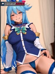 ai_generated aqua_(konosuba) areola areolae areolae_visible_through_clothing bed blue_eyes blue_hair boobs_bigger_than_head boobs_out breasts breasts breasts cute cute_expression cute_face cute_girl ecchiverse eyeshadow hard_nipples konosuba legs looking_at_viewer naked natural_breasts nipple_piercing nipples nipples_visible_through_clothing oiled oiled_skin on_bed panties pants_down patreon patreon_logo patreon_reward patreon_url perfect_body perfect_legs pussy pussy_juice removing_clothing removing_panties removing_shirt smile smiling smiling_at_viewer soft_breasts sweat sweatdrop sweater sweating sweaty sweaty_body sweaty_breasts sweaty_butt tagme vagina